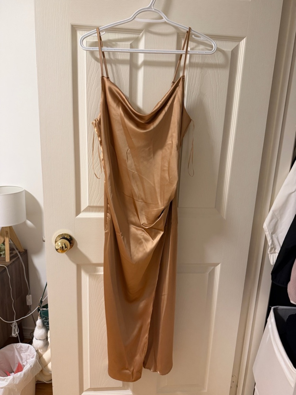 Satin Slip Midi Dress in Warm Camel